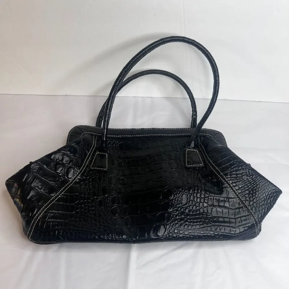 Crazy Horse Faux Leather Faux Croc Black‎ Hobo Shoulder Bag Purse Neutral Chic